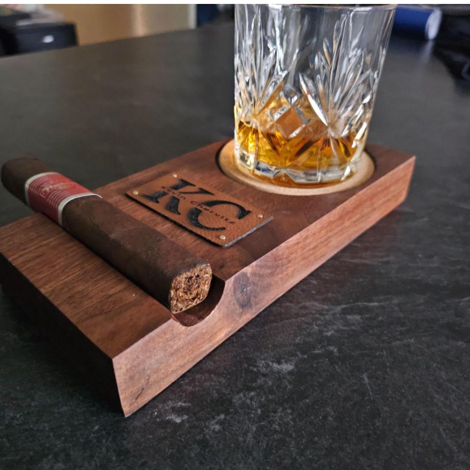 Whiskey Coaster with Cigar Slot and Custom Monogrammed Leather