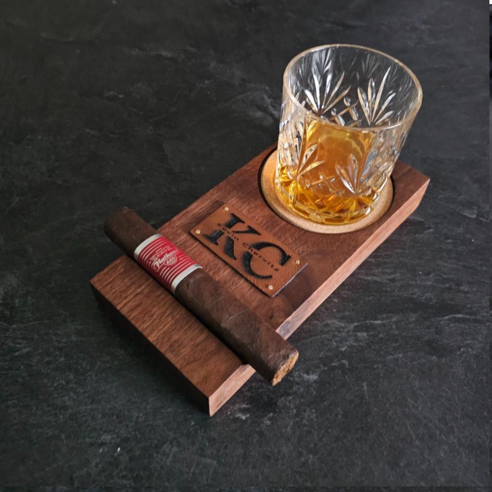Whiskey Coaster with Cigar Slot and Custom Monogrammed Leather