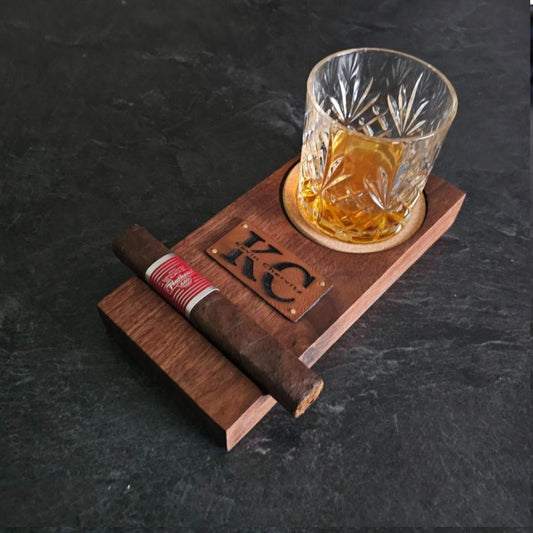 Whiskey Coaster with Cigar Slot and Custom Monogrammed Leather